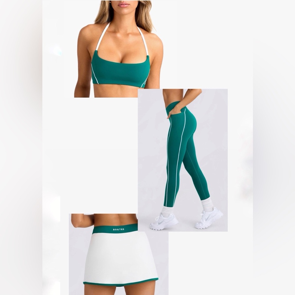 Bo+Tee Oh Polly Green and White Activewear Set (leggings, sports bra and skirt)